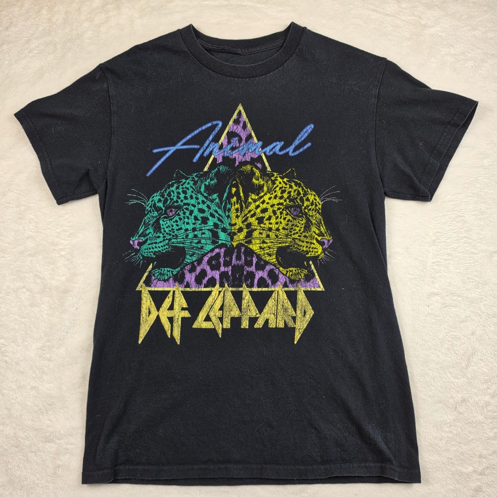 Def Leppard Animal T-Shirt Mens Small Black Excellent Neon Graphic Band Tee